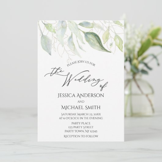 Greenery Gold Botanical Leaves Wedding Kaart (Staand voorkant)