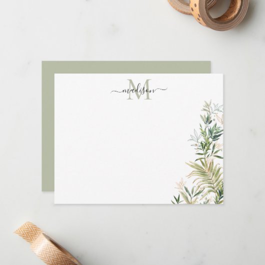 Greenery Gold Botanical Rustige Foliage Monogram Notitiekaartje (Voorkant / Achterkant in situ)