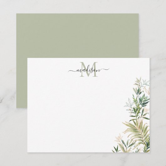 Greenery Gold Botanical Rustige Foliage Monogram Notitiekaartje (Voorkant / Achterkant)