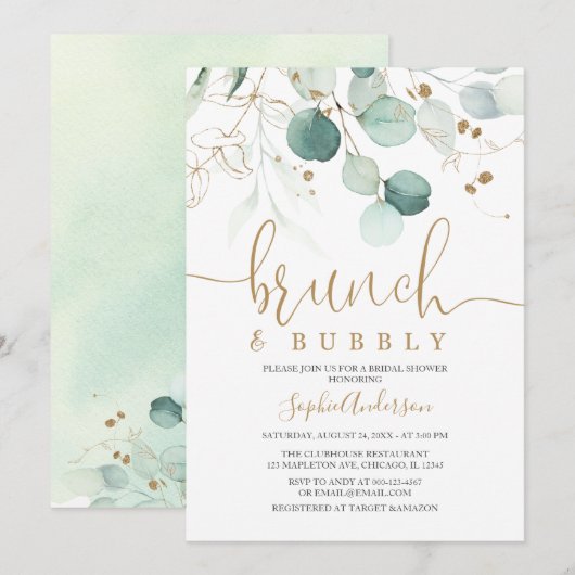 Greenery Gold Brunch & Bubbly Vrijgezellenfeest Kaart (Voorkant / Achterkant)