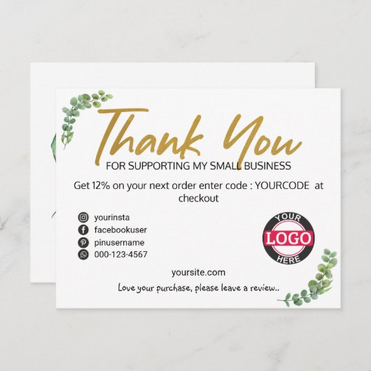 Greenery Gold Business Packaging Insert-kaarten Bedankkaart (Voorkant / Achterkant)