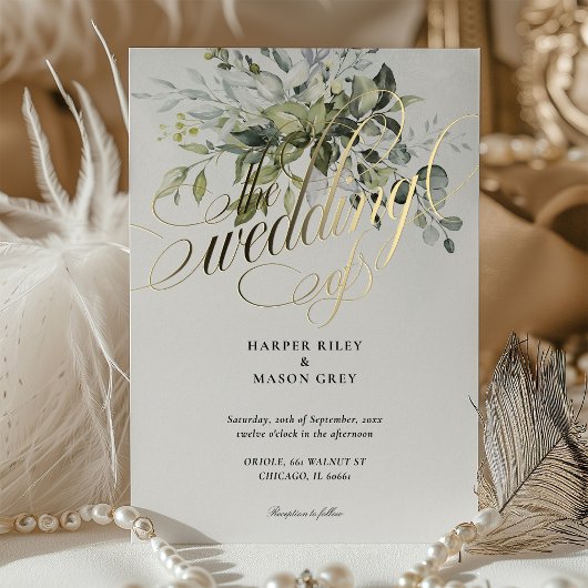 Greenery Gold Calligraphy Huwelijk Elegant Script Folie Uitnodiging