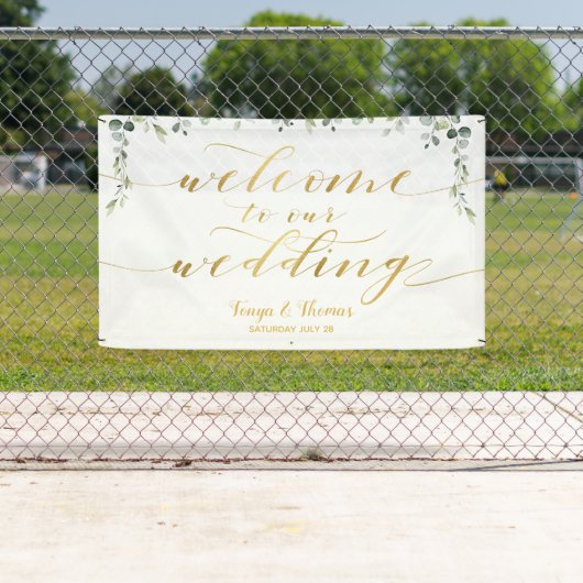 Greenery Gold Calligraphy Wit Welkom op de bruilof Spandoek (Insitu)