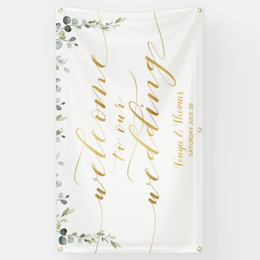 Greenery Gold Calligraphy Wit Welkom op de bruilof Spandoek (Verticaal)