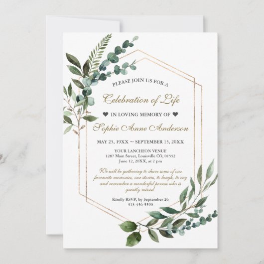 Greenery Gold Celebration of Life Funeral Memorial Kaart (Voorkant)