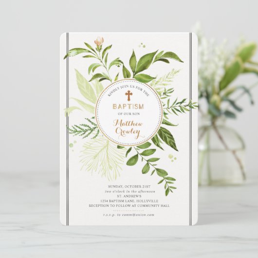 Greenery Gold Circle Doopuitnodiging Kaart (Staand voorkant)