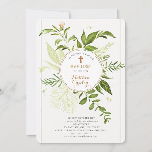 Greenery Gold Circle Doopuitnodiging Kaart (Voorkant)