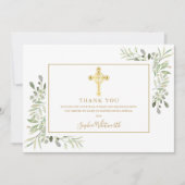 Greenery Gold Cross Baptism Christening Foto Bedankkaart (Voorkant)
