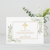 Greenery Gold Cross Baptism Christening Foto Bedankkaart (Staand voorkant)