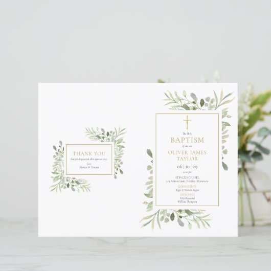 Greenery Gold Cross Baptism Christening Program (Staand voorkant)