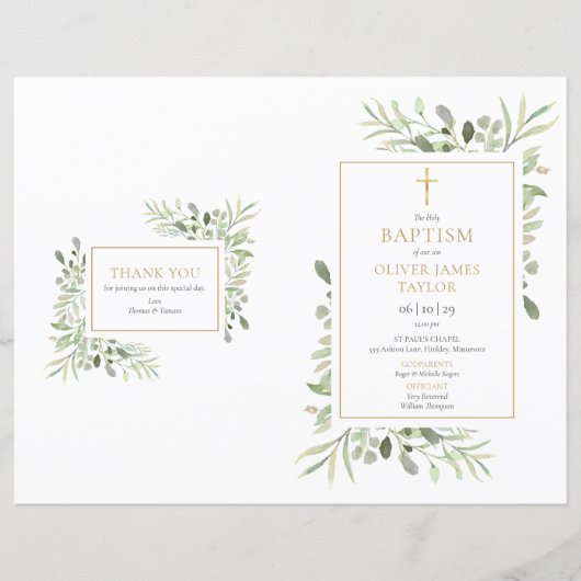 Greenery Gold Cross Baptism Christening Program (Voorkant)
