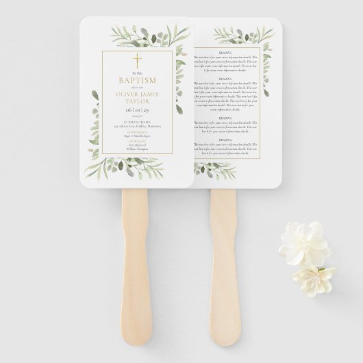 Greenery Gold Cross Baptism Christening Program Handwaaier (Voorkant en achterkant)