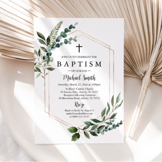 Greenery Gold Cross Baptism Uitnodiging Christenin