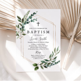 Greenery Gold Cross Baptism Uitnodiging Christenin