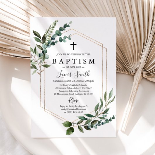 Greenery Gold Cross Baptism Uitnodiging Christenin