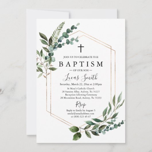 Greenery Gold Cross Baptism Uitnodiging Christenin (Voorkant)