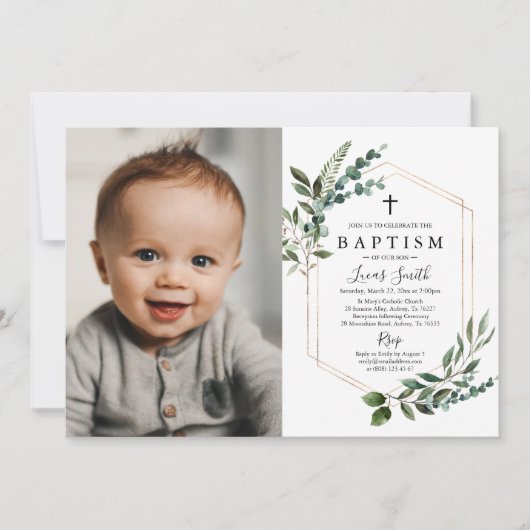 Greenery Gold Cross Baptism Uitnodiging Christenin (Voorkant)