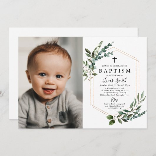 Greenery Gold Cross Baptism Uitnodiging Christenin (Voorkant / Achterkant)
