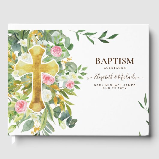  Greenery Gold Cross Baptisme Christening Gastenboek (Voorkant)