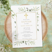 Greenery Gold Cross Baptisme Christening Kaart