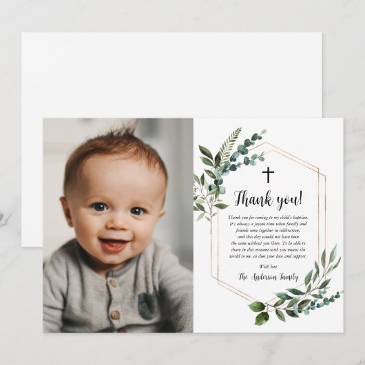 Greenery Gold Cross Foto Baptisme Hartelijk dank Kaart (Voorkant / Achterkant)