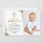 Greenery Gold Cross Glitter Baptism Foto Kaart (Voorkant)