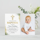 Greenery Gold Cross Glitter Baptism Foto Kaart (Staand voorkant)