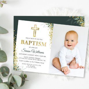 Greenery Gold Cross Glitter Baptism Foto Kaart