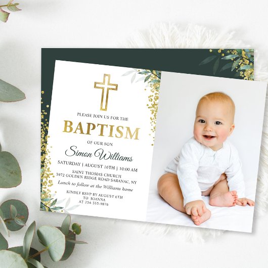 Greenery Gold Cross Glitter Baptism Foto Kaart
