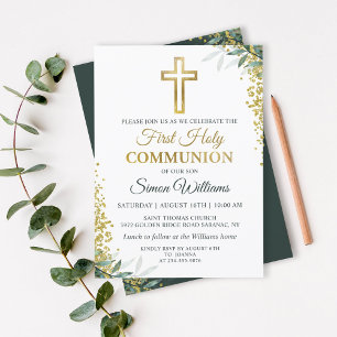 Greenery Gold Cross Glitter First Heilige Communie Kaart
