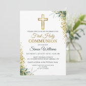 Greenery Gold Cross Glitter First Heilige Communie Kaart (Staand voorkant)