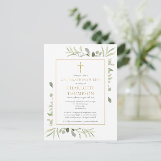 Greenery Gold Cross Memorial Aankondigingskaart (Staand voorkant)
