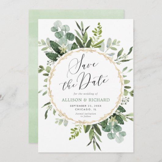 Greenery Gold elegant modern Save the Date Kaart (Voorkant / Achterkant)