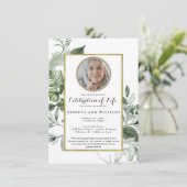 Greenery Gold Elegant Photo Celebration of Life Kaart (Staand voorkant)
