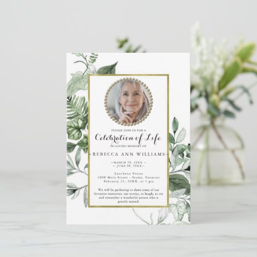Greenery Gold Elegant Photo Celebration of Life Kaart (Staand voorkant)