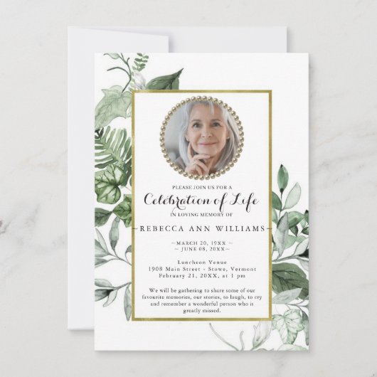 Greenery Gold Elegant Photo Celebration of Life Kaart (Voorkant)