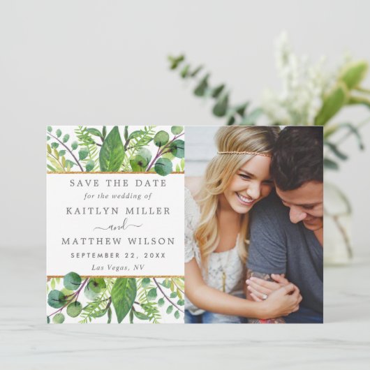 Greenery & Gold Elegant Wedding Foto Save The Date (Staand voorkant)