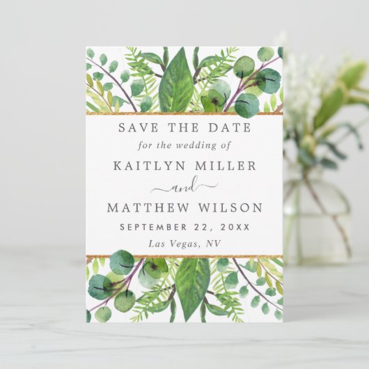 Greenery & Gold Elegant Wedding Save the Date (Staand voorkant)