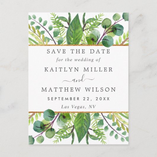 Greenery & Gold Elegant Wedding Save the Date Aankondigingskaart (Voorkant)