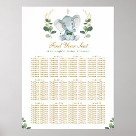 Greenery Gold Elephant Baptism Seating Chart Poster