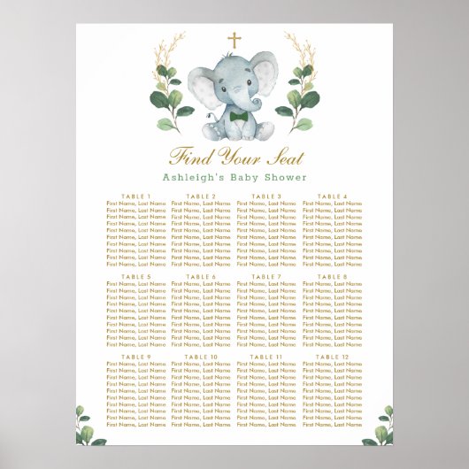 Greenery Gold Elephant Baptism Seating Chart Poster (Voorkant)