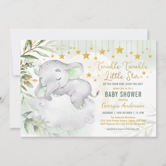 Greenery Gold Elephant Moon Stars Baby shower Kaart (Voorkant)