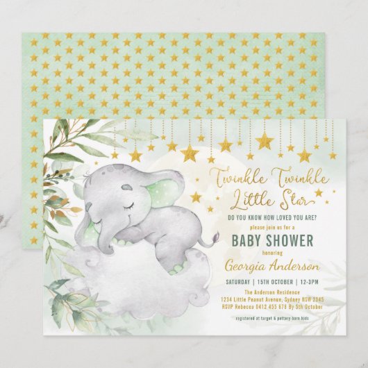 Greenery Gold Elephant Moon Stars Baby shower Kaart (Voorkant / Achterkant)