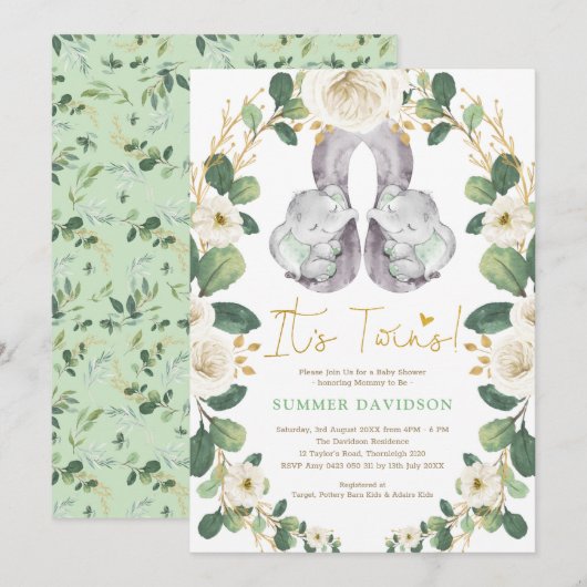 Greenery Gold Elephant Twins Neutraal Baby shower Kaart (Voorkant / Achterkant)