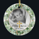 Greenery Gold Eucalyptus Baby Baptisme Foto Keramisch Ornament<br><div class="desc">Greenery Gold Eucalyptus Baby Christening en Baptisme Ornament met dubbele foto met ronde eucalyptusbladeren met een kleine gouden aanraking met een lijst. Pas uw eigen 2 horizontale of vierkante foto aan. Geweldig geschenk voor je familie en vrienden voor het vakantieseizoen.</div>