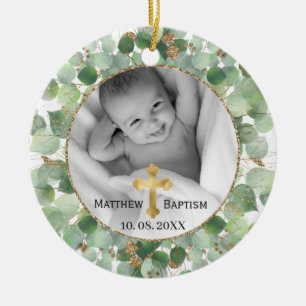 Greenery Gold Eucalyptus Baby Baptisme Foto Keramisch Ornament