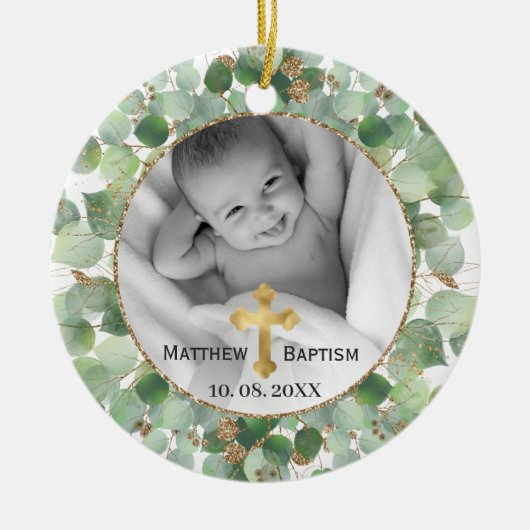 Greenery Gold Eucalyptus Baby Baptisme Foto Keramisch Ornament (Voorkant)