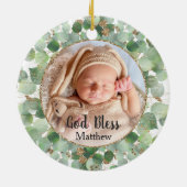 Greenery Gold Eucalyptus Baby Baptisme Foto Keramisch Ornament (Achterkant)