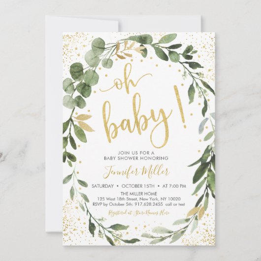 Greenery & Gold Eucalyptus Baby shower Kaart