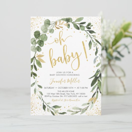 Greenery & Gold Eucalyptus Baby shower Kaart (Staand voorkant)